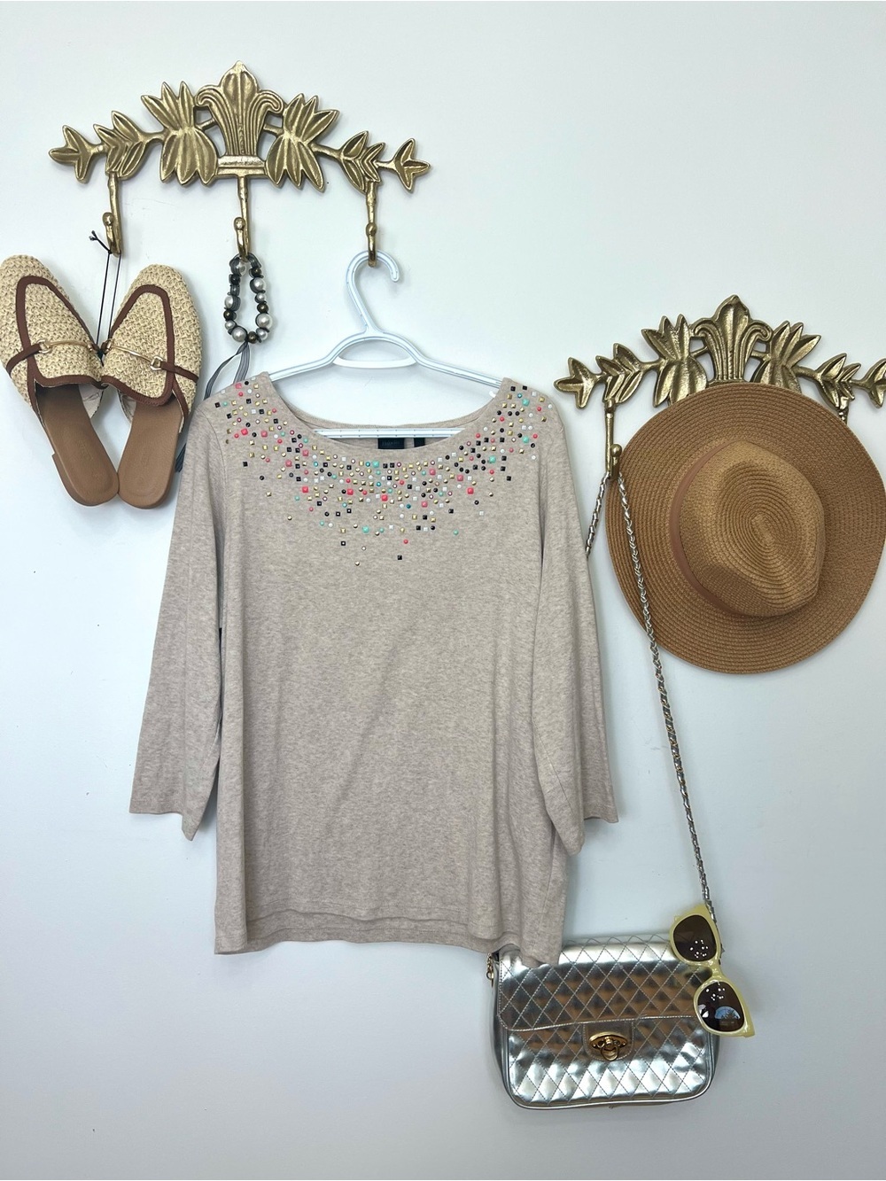 Beige Embellished Boatneck Top with Multicolor Beads XL/1X  ptp 24.5”